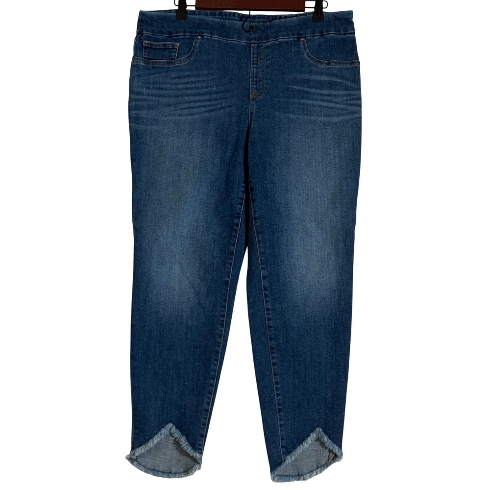 Chicos Pull On Jegging Ankle Blue Denim Jeans Frayed Tulip Hem Size 2R 12R